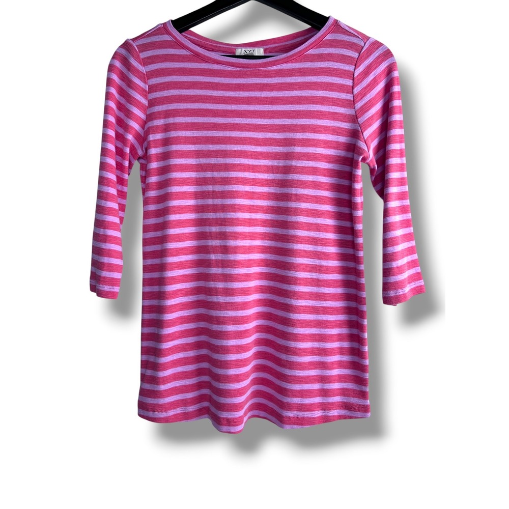 NIC+ZOE NZT Striped Top Women S Pink Lavender 3/4 Sleeve Crew Neck Knit